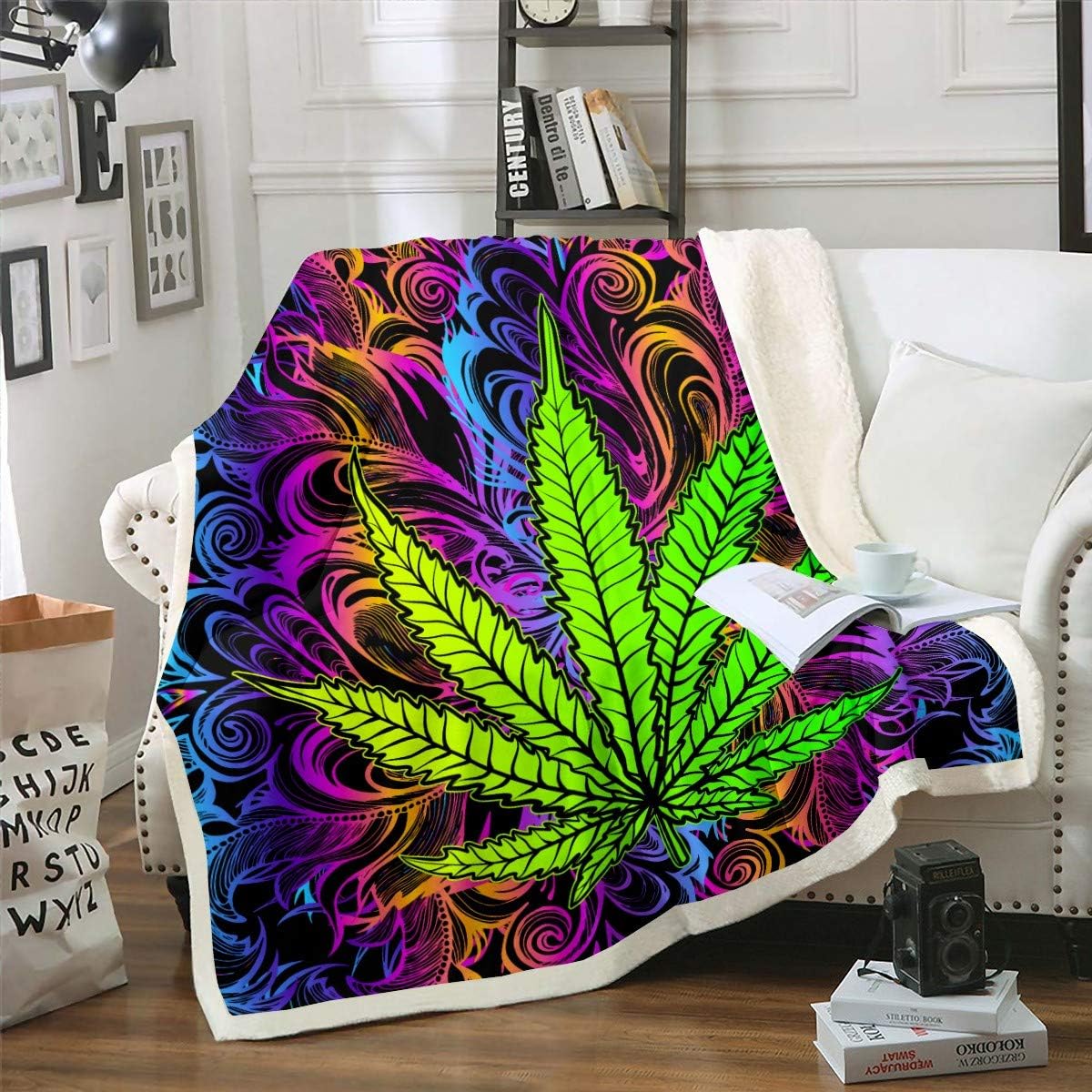 Marijuana Weed Fleece Blanket Men Cannabis Leaf Sherpa Throw Blanket