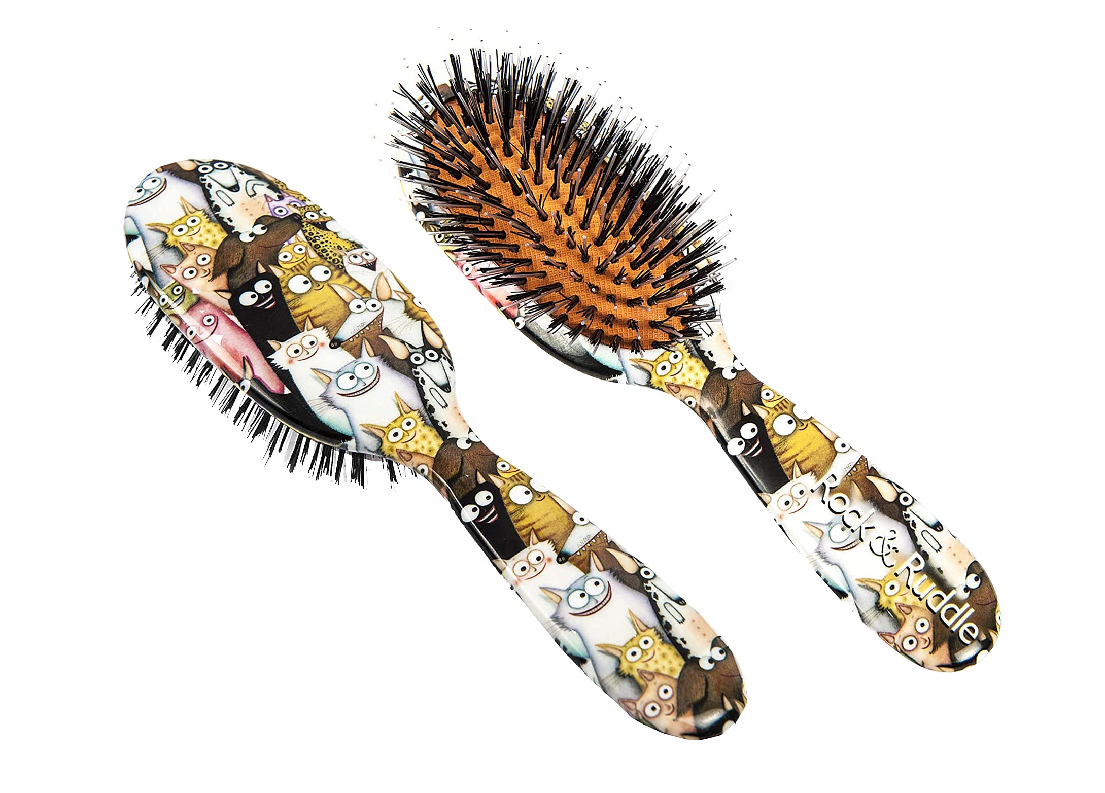 Rock & Ruddle Natural Mixed Boar Bristle Hair Brush for Women and Kids (Small/Travel Size, 17.5cm) - Perfect for Wet or Dry Hair, Detangling Smoothing Blowdrying - Made in UK - Cats & Dogs Design