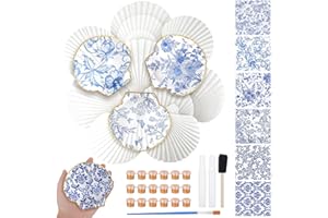 JOOTTUAN 12 Set Large Scallop Shells Crafts Kit 4''-5'' White Natural Shells with 24 Pcs Blue Floral Decoupage Paper Napkin Brushes Gold Acrylic Paint Strips for DIY Ornament Home Decor Jewelry Tray