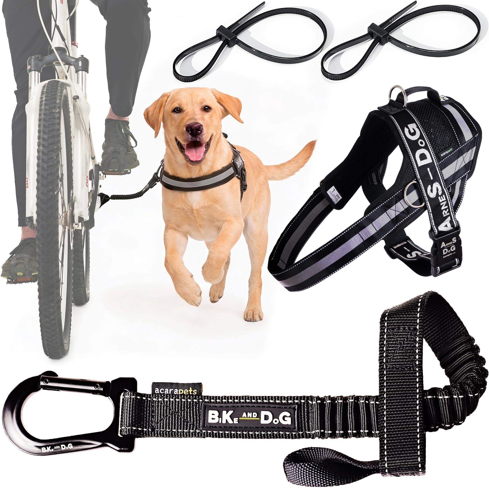 BIKE AND DOG - Dog leash and dog harness for bicycle, harness with side rings, includes 2 bicycle straps. Patented. (Black, Leash-harness L)