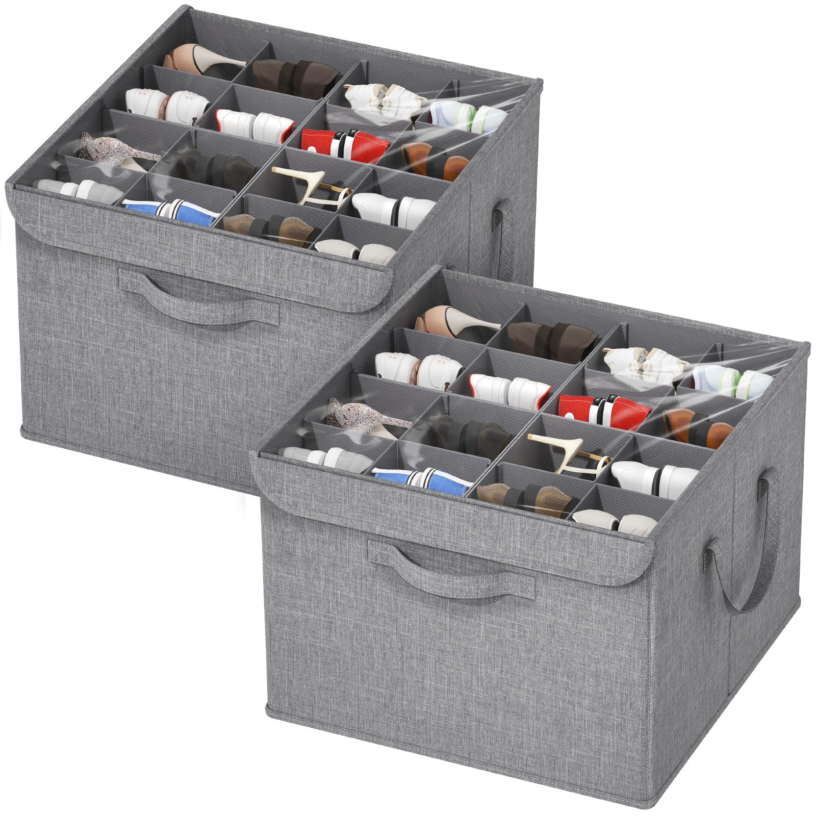 Lifewit Shoe Organizer for Closet, Adjustable Dividers Shoe Storage, Clear Cover Shoe Box Fits for Boots Heels Sneakers, Foldable Storage Bins, Fits 32 Pairs (Each 16 Pairs), Light Grey, 2 Pack