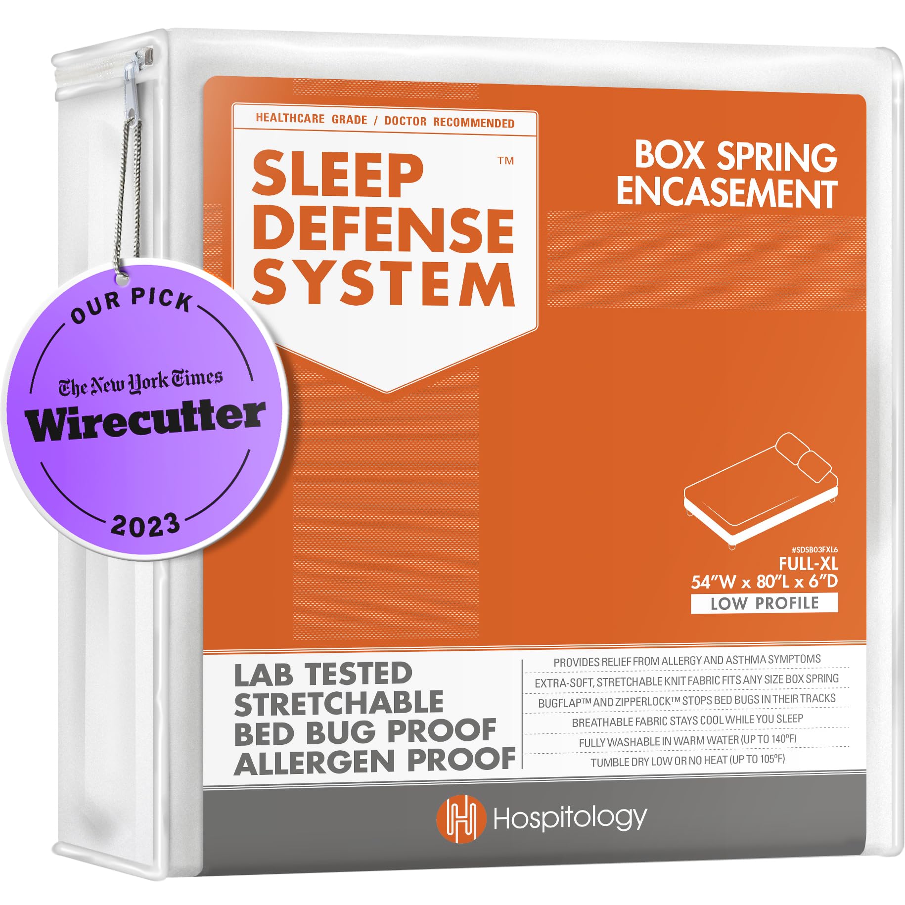 HOSPITOLOGY PRODUCTS Box Spring Encasement - Zippered Bed Bug Dust Mite Proof Hypoallergenic - Sleep Defense System - Full XL –54" W x 80" L - Low Profile 6"