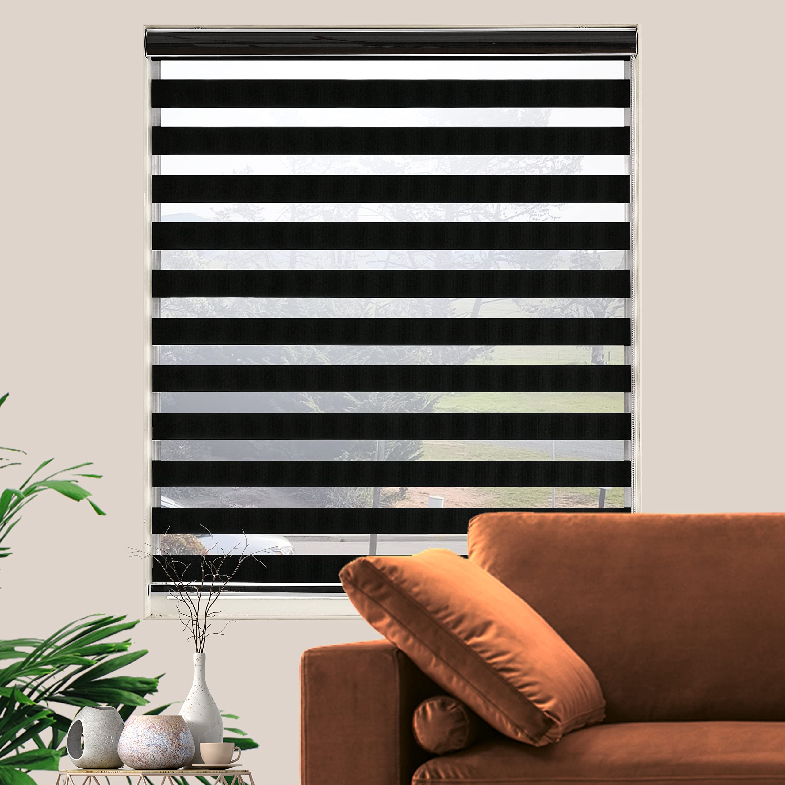 Photo 1 of JIANGPIN TEXTILE Zebra Roller Shades, Dual Layer Roll Up Blind for Living Room, Semi Sheer Shades Window Treaments Privacy Light Control for Day and Night, (Maximum Height 72inch, Black Color, 23'' W)