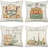 Easternproject 4 Pack Inspirational Quote Travel Theme Cotton Linen Throw Pillow Covers Home Decorative Cushion Case Square Pillowcase 18’’x18’’ with Summer Beach Happy Camper (4 Pack Travel Theme B)