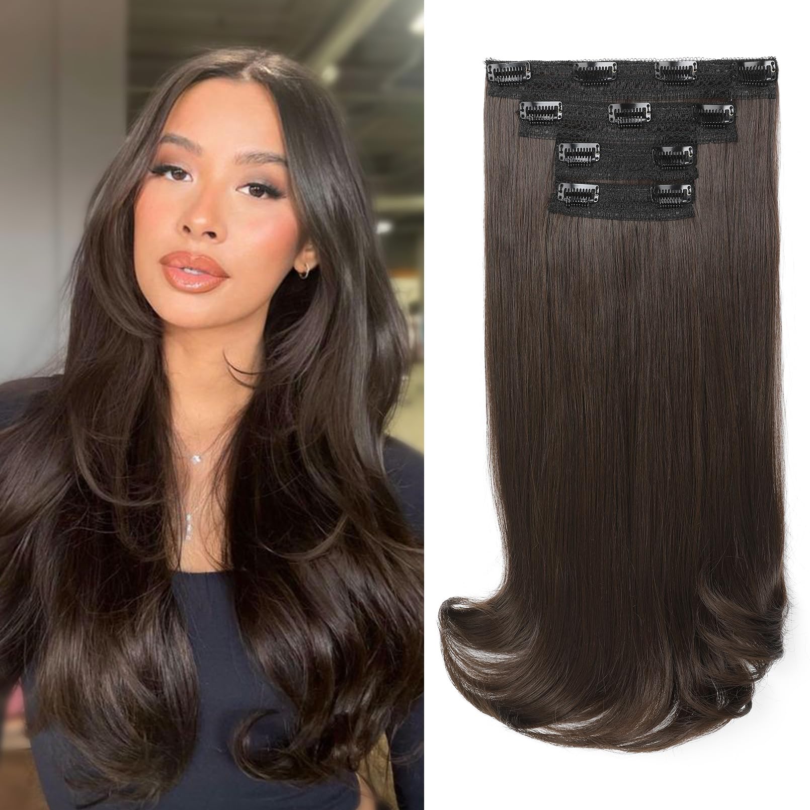 Photo 1 of NTYNTY Clip in Hair Extensions, 4PCS 16 Inch Clip in Extensions for Women Layered Cut Natural Lightweight Hairpieces with Thinner Softer Invisible Weft - Chocolate Brown