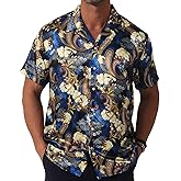 fohemr Men Hawaiian Shirt Satin Floral Printed Dress Shirt Cuban Collared Casual Short Sleeve Button Down Shirt