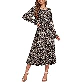 CYiNu Women's Midi Dresses Long Sleeve Crew Neck Flowy Casual Floral Boho Tiered Chiffon Smocked Elegant Dress