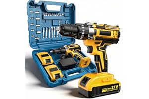 21V Cordless Drill Driver: 3/8" Keyless Chuck, Electric Power Drill Set with 2×Batteries, Drill and Driver Bits, 25+1 Torque 