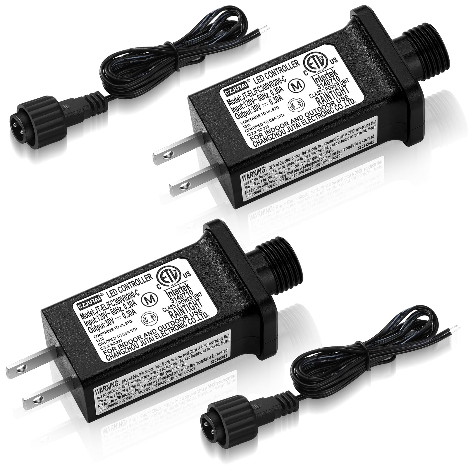 Photo 1 of 2 Pcs Class 2 Power Supply with 2 Extension Cord LED Transformer Replacement for Christmas String Lights LED Controller IP44 Waterproof Low Voltage Transformer(30v 9w 0.3a)
