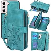Lacass for Samsung Galaxy S22+ Plus Case [12 Card Slots] ID Credit Cash Holder Zipper Pocket Detachable Magnet Leather Wallet Cover Wrist Strap Lanyard Carrying Pouch(Floral Blue Green)