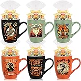 Shellwei Halloween Gifts Set of 6 Ceramic Halloween Coffee Mugs 11 Oz, Clear Gift Bags with Ties, Rolls Ribbons Scary Tea Cups Set for Vintage Horror Business Gifts Trick or Treat Party Favors
