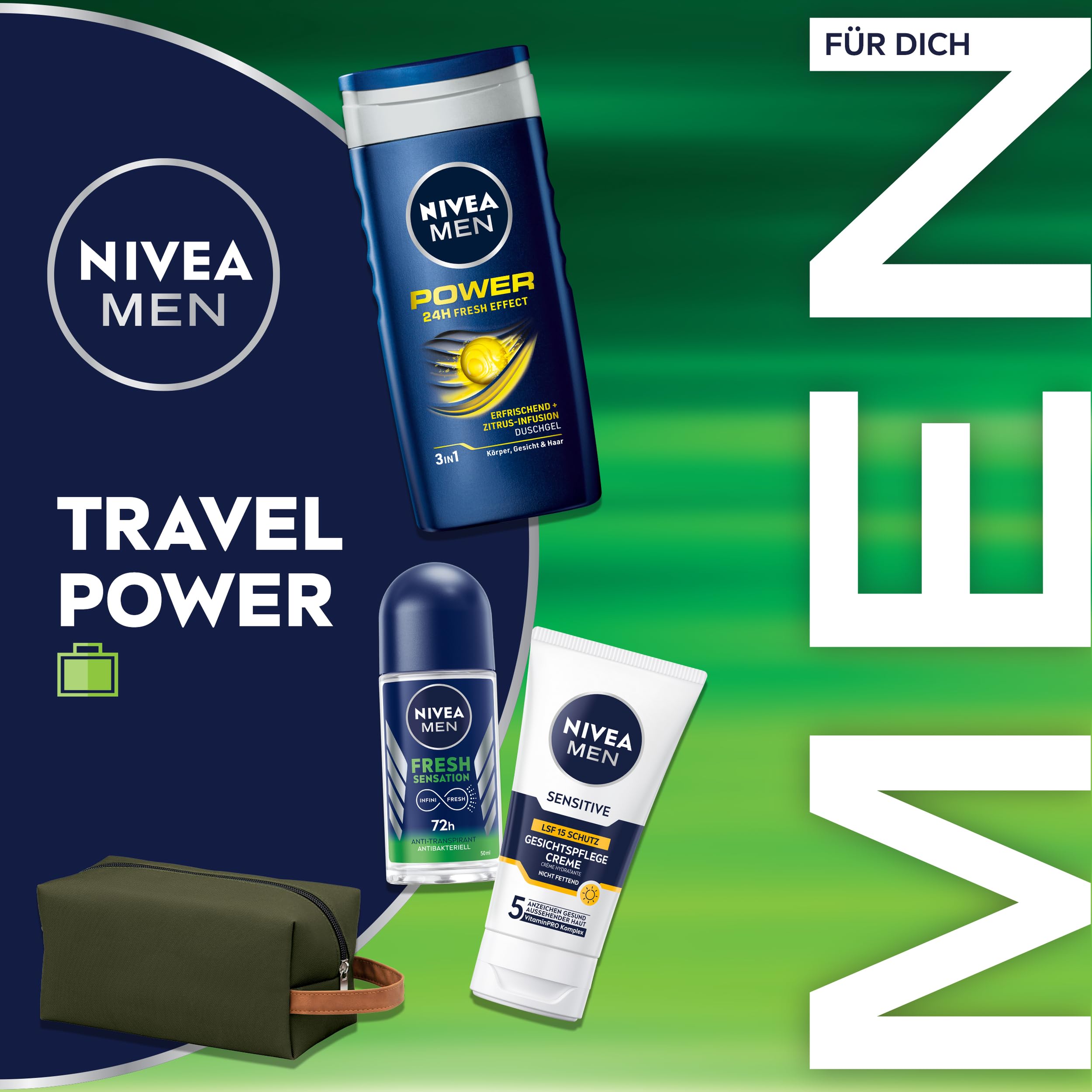 NIVEA MEN Travel Power Geschenkset, Pflegeset mit Pflegeprodukten für unterwegs, Set mit NIVEA MEN Duschgel, Deo Roll-on, Gesichtspflege Creme und Kulturtasche 4