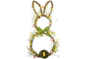 VGIA 27 Inch Artificial Easter Wreath with Pastel Eggs and Mixed Twigs Spring Bunny Wreath for Front Door with Green Bow for Home and Wall Decorations