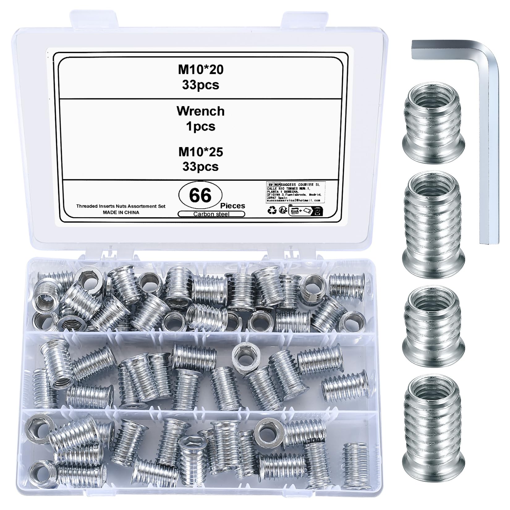 M10 Threaded Inserts for Wood, 66 Pcs Threaded Insert Nuts, Hex Threaded Inserts, Flanged Socket Nuts, Hex Socket Drive Screw-in Fasteners for Wood Timber Furniture