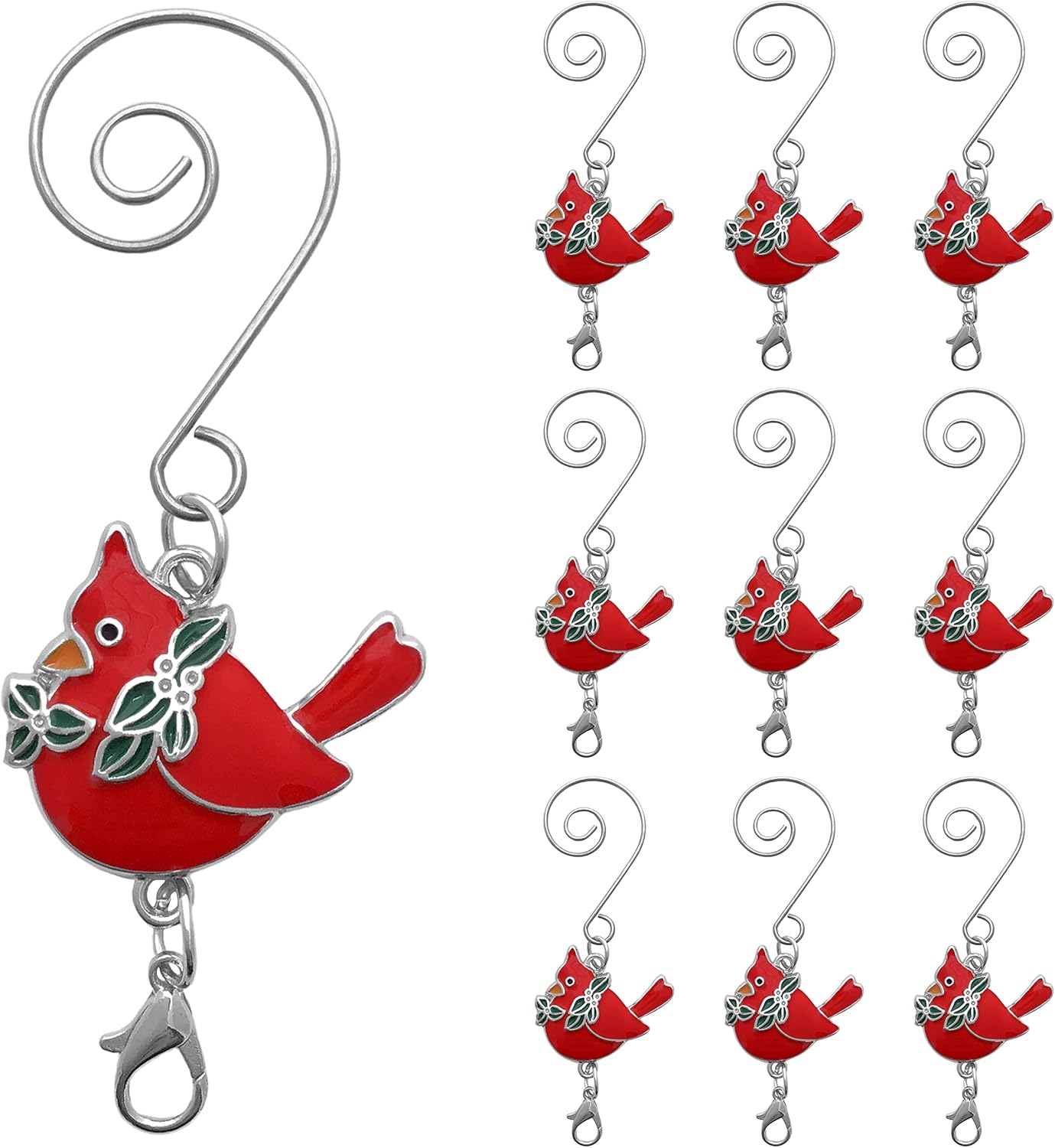 Ornament Hooks - BANBERRY DESIGNS Cardinal Christmas Ornament Hook with S-Hook and Lobster Claw - Set of 10 - Enameled Cardinal with Holly Leaves - Xmas Accessories & Accents for Hanging Ornaments