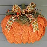 Farmhouse Pumpkin Wreath for Front Door, Autumn Wreath with Bows and Berries, Burlap Pumpkin Garland for Autumn Fall Halloween Thanksgiving Wall Decor