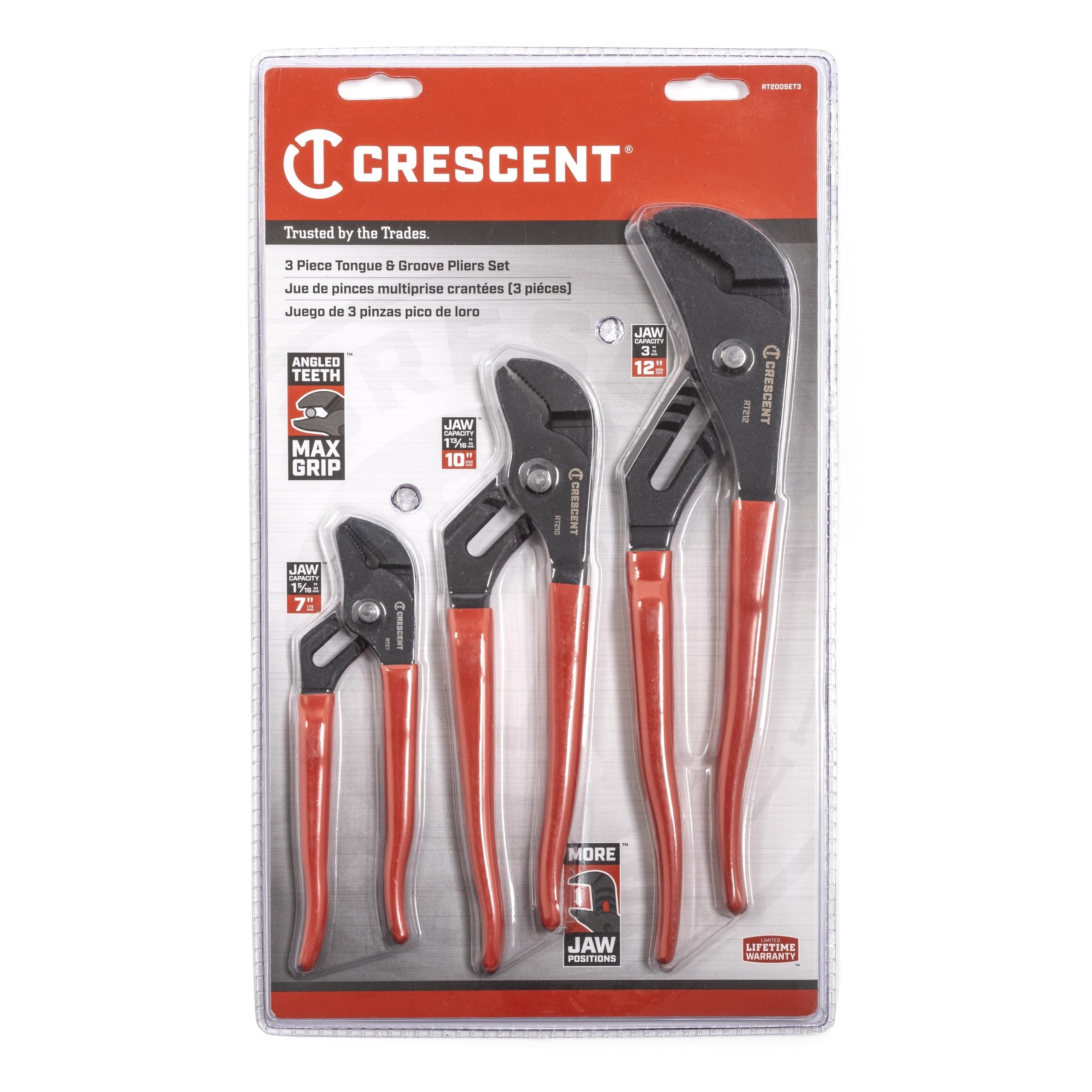 Crescent Tool Pliers Set 3Pc T&G Straight Jaw Black Phosphate 7 10 12