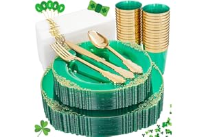Hioasis 175pcs Clear Green Plastic Plates - Green Gold Plastic Plates Disposable include 25Dinner Plates 25Dessert Plates 25Knives 25Forks 25Spoons 25Cups 25Napkins for St. Patrick's Day & Wedding