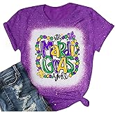 Mardi Gras Shirts for Women New Orlean Carnival Graphic Tee Tops Holiday Bleached Short Sleeve Costumes
