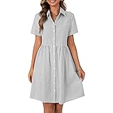 Rooscier Women's Striped Shirt Dress Button Down Collared Short Sleeve Mini Dress