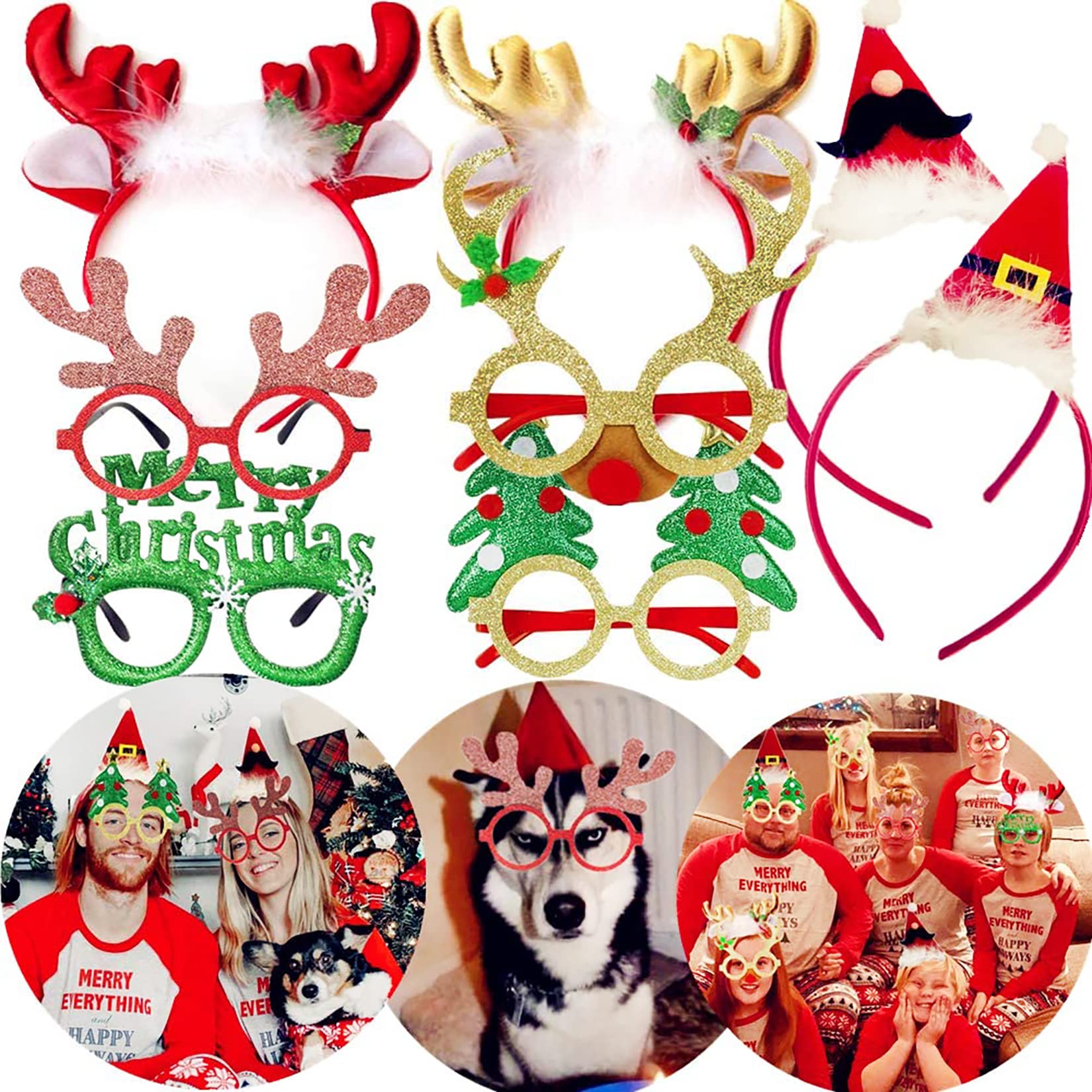 JeVenis 8 PCS Christmas Deer Headband Christmas Hats Xmas Glasses Santa Claus Cap Xmas Photo Booth Props Christmas Party Supplies Favors