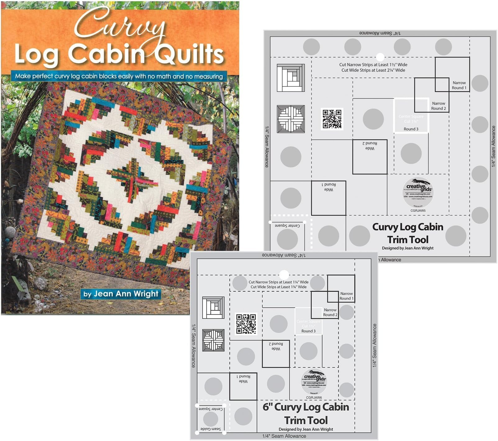 Bundles of Creative Grids Non-Slip Curvy Log Cabin Trim Tools for 8 in Finished Blocks and 6 inch Finished Blocks; and Book Curvy Log Cabin Quilts by Jean Ann Wright