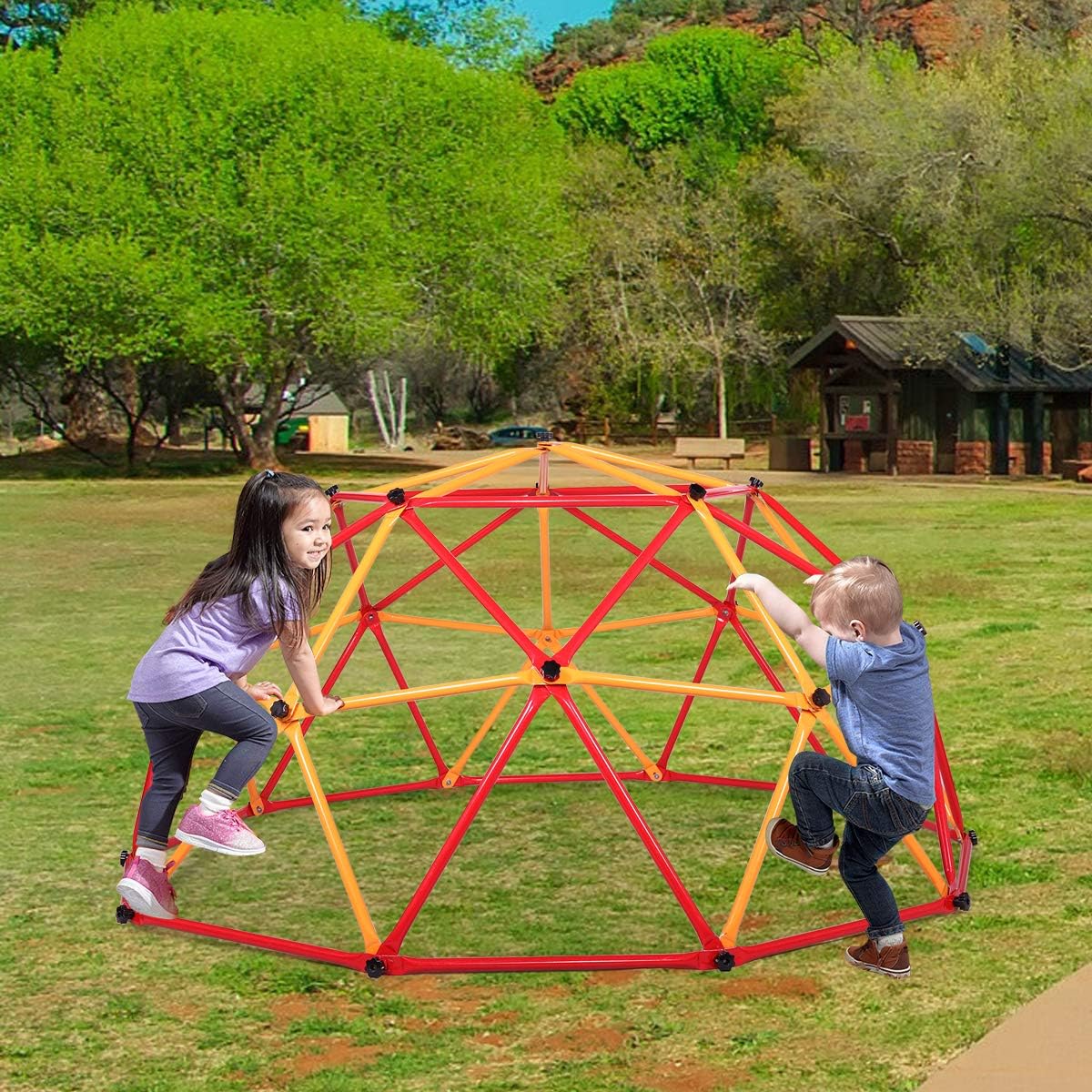 JAXPETY Outdoor Dome Climber Playground Children Kid Swing Set Climbing Frame Backyard Gym, Red and Yellow: Toys & Games