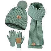 LOROME Women Winter Beanie Hat Scarf Gloves Set, Fleece Knitted Pompom Hat Warm Neck Scarf Touchscreen Gloves Winter Gift