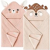 Konssy 2-Pack Muslin Baby Hooded Towels, 100% Cotton, Soft and Absorbent Baby Bath Towels for Newborn, Infant & Toddler with Animal Hooded Design(Bunny & Deer)