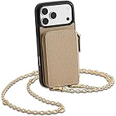 ZVE for iPhone 17 Pro Case Wallet with Crossbody Chain, Card Holder Leather Phone Cover with Wrist Strap 6.3" Taupe