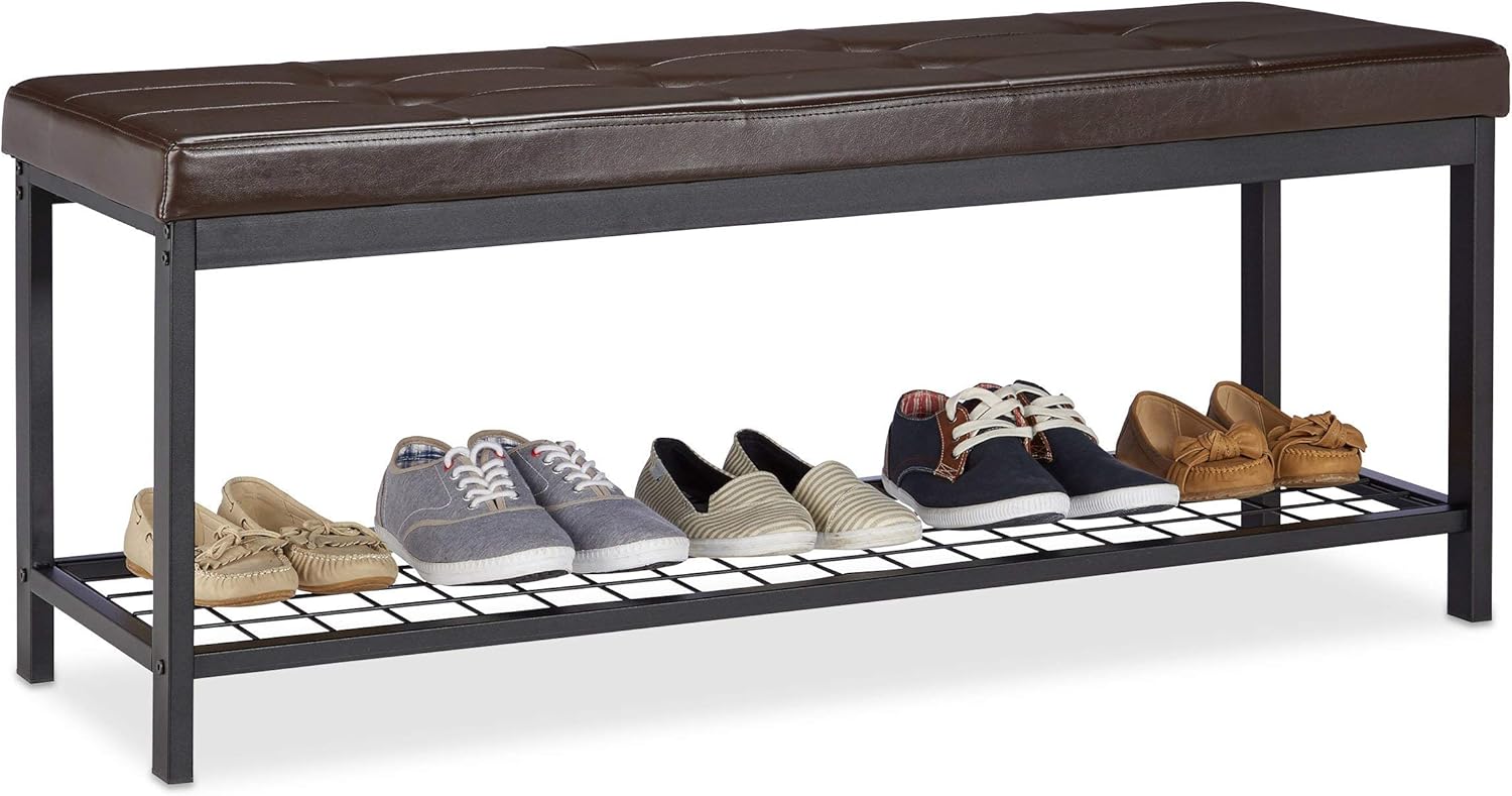 Relaxdays XXL Shoe Bench, Faux Leather Seat, Backless, Grid Rack for Shoes Metal, HWD 49x115x40cm, Brown, Marrón