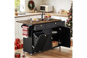 ONBRILL 60" Kitchen Island with Power Outlet & Drop Leaf, Kitchen Rolling Island with Spice Rack & Towel Rack, Knife Holder, Kitchen Island Cart with Trash Storage Cabinet, Mobile Island Table for Kitchen