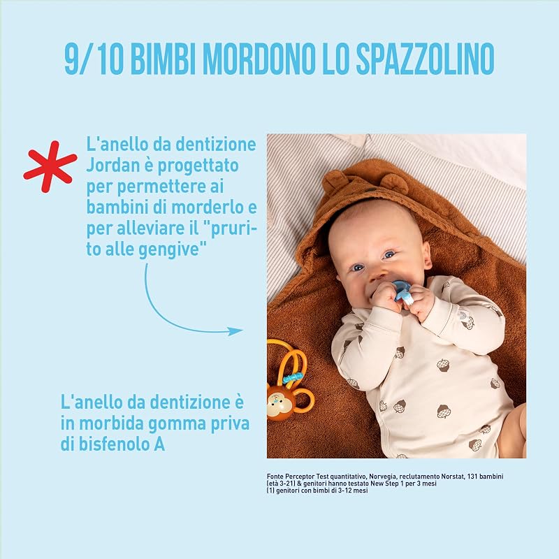 Jordan ® | Step 1 Baby Spazzolino da denti per bambini da 0 a 2 anni | Lo spazzolino originale per bambini con setole extra morbide e morbido massaggiagengive per gomme e Easy Grip | confezione da 2