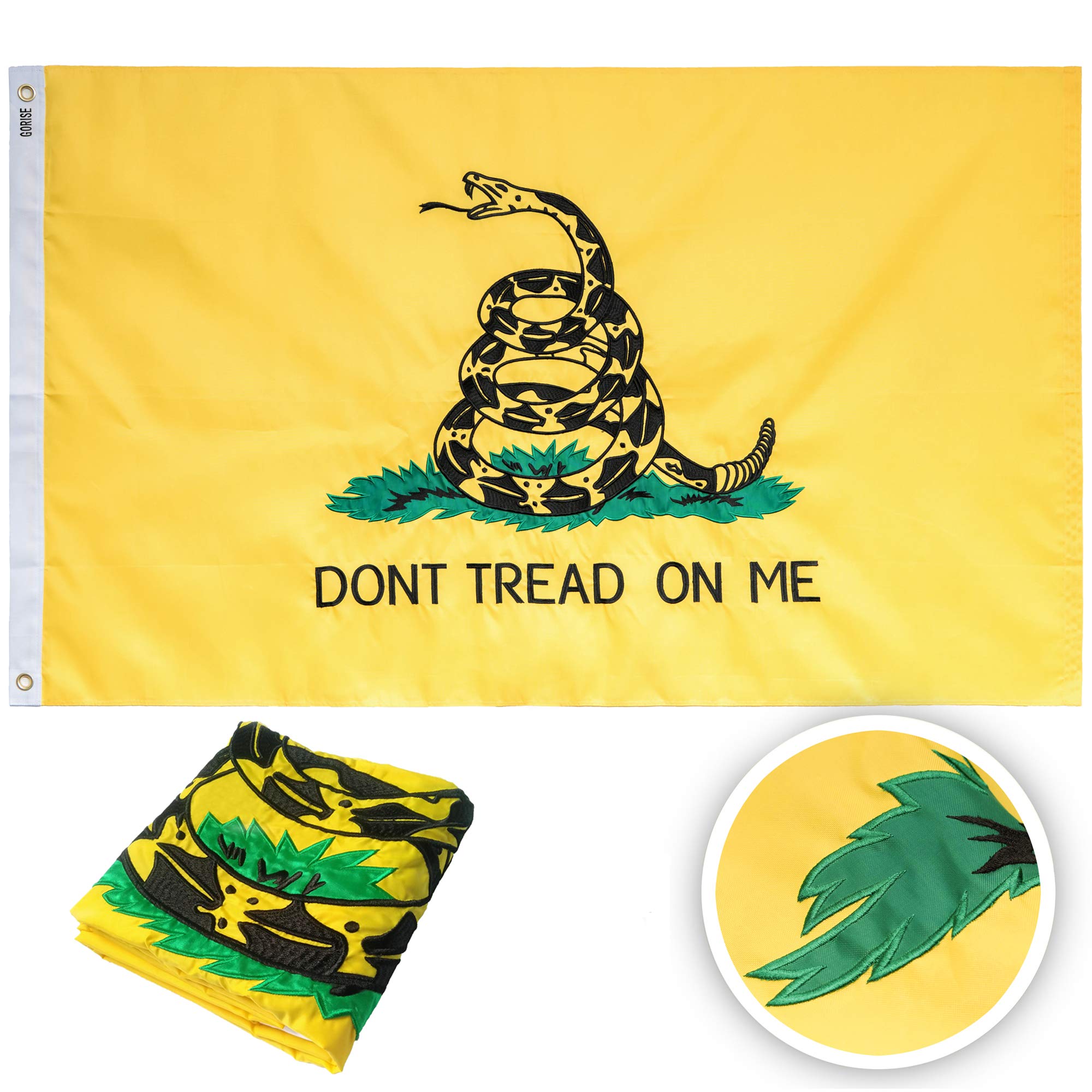Gadsden Dont Tread On Me Flag 3x5 ft Embroidered Gadsden Flag, Sewn Stripes and Brass Grommets, UV Protected Tea Party Outdoor Garden Decor