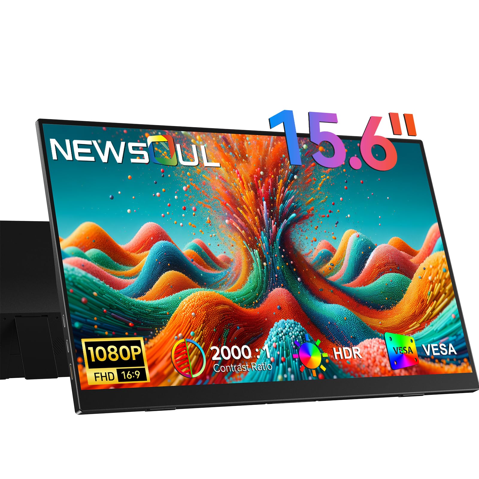 Newsoul Portable Monitor 15.6'' 1080P Ultra-Slim Travel Monitor USB C HDMI Plug & Play IPS Gaming Monitor Built-in Adjustable Stand Dual Speakers External Screen for Laptop Phone Game Console Tablet Image
