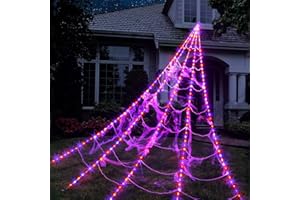 ZIVILIC Halloween Spider Web Lights 250 LED Lighted Spider Web Giant 16.4Ft Halloween Decorations Light up with 8 Lighting Modes Waterproof & Timer for Outdoor Indoor Yard Haunted House Decor, Purple & Orange