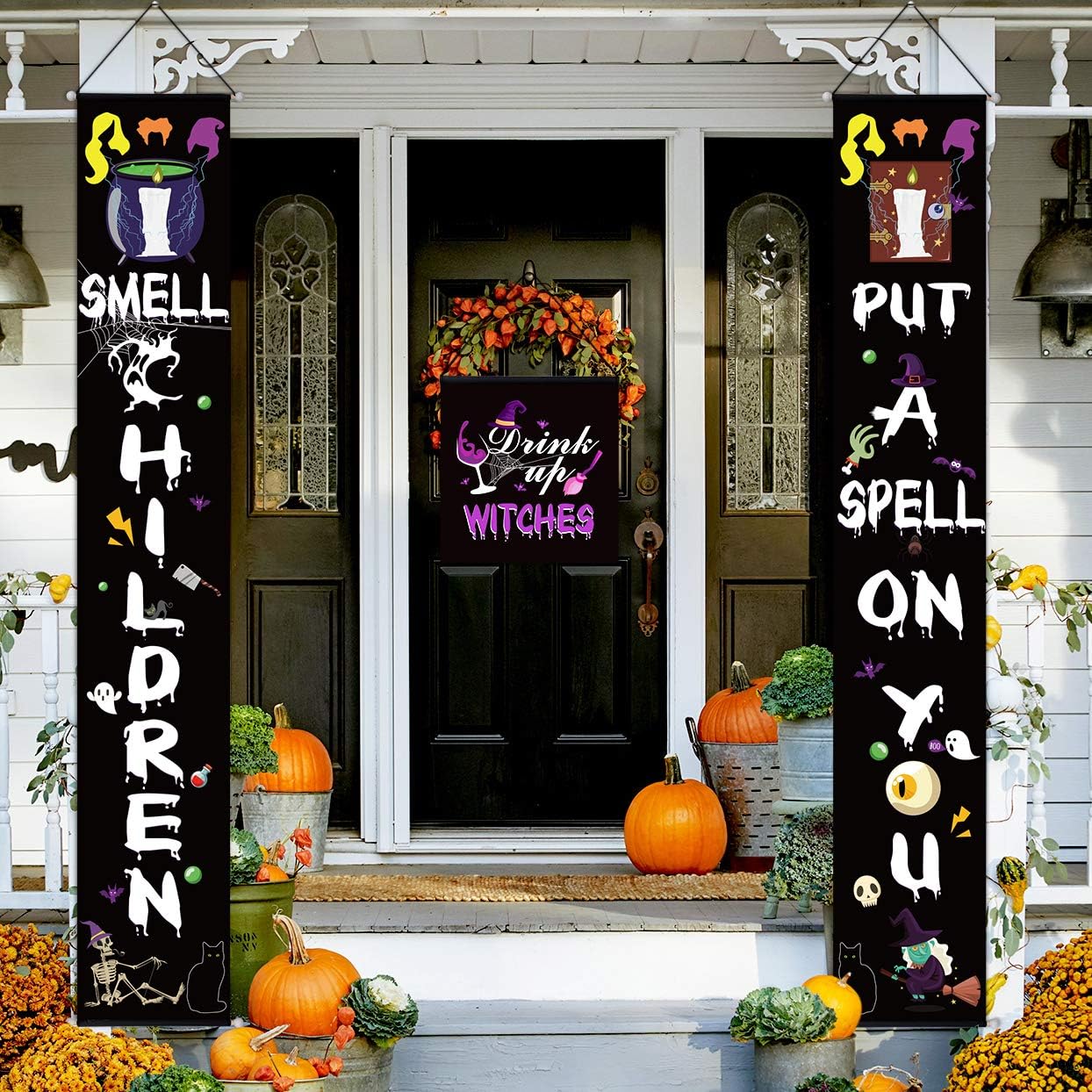 Yard Signs - Halloween Decorations Outdoor Porch Signs - I SMELL CHILDREN + I PUT A SPELL ON YOU + DRINK UP WITCHES, Halloween Banners Porch Decorations, Halloween Hanging Signs for Front Door or Indoor Home Decor