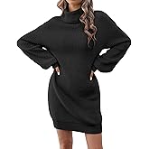 ZLIGXEA Women's Turtleneck Textured Lantern Sleeve Ribbed Knit Mini Dress Pullover Oversized Sweater Dresses S-XL