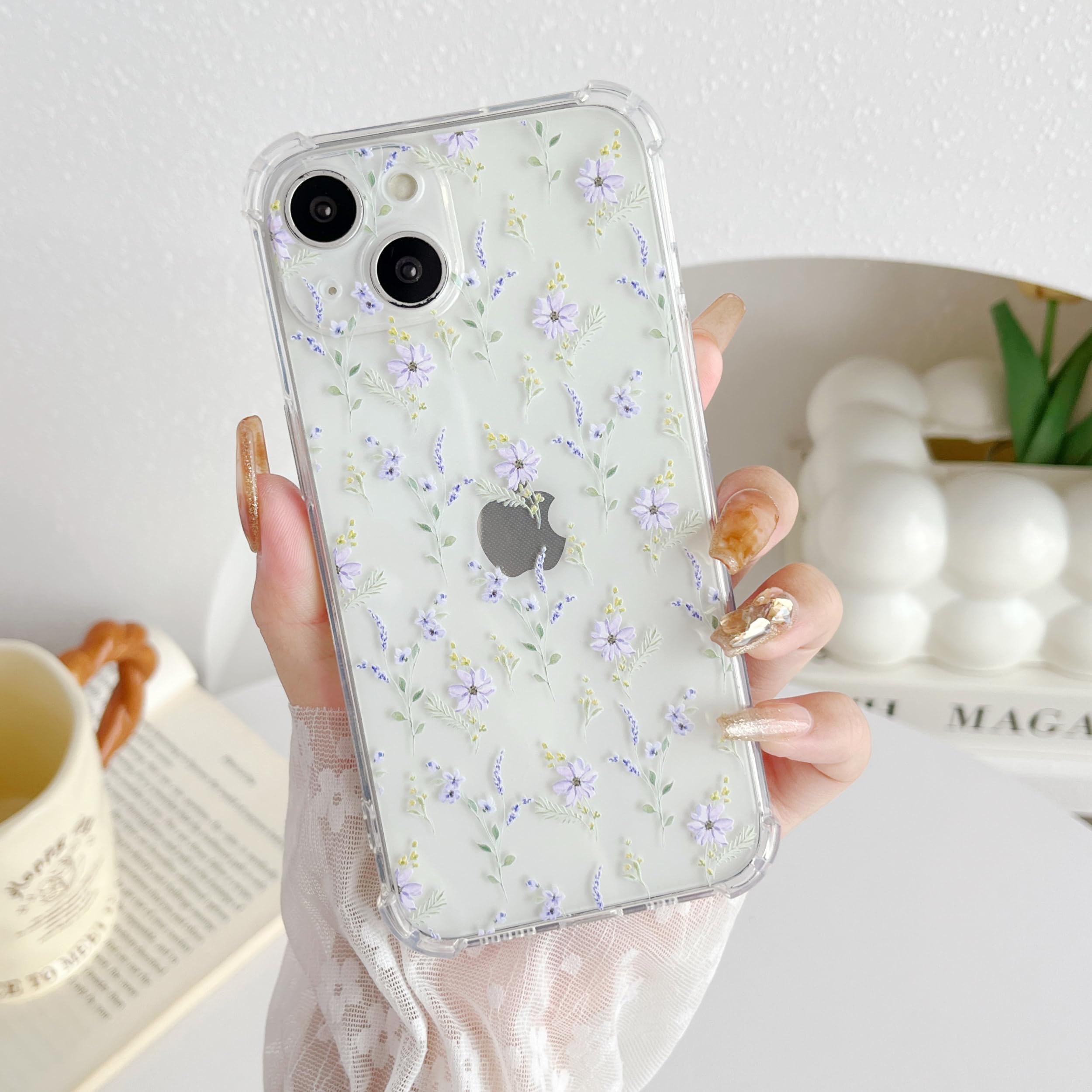 ZTOFERA Case for iPhone 13, Transparent Clear Soft TPU Case with Flower Pattern, Ultra Slim Anti-scratch Silicone Gel Protective Bumper Cover for iPhone 13 (6.1") - Purple Flower — image 1