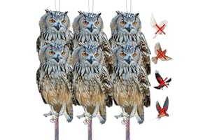KUNGFU MALL Fake Owl Keep Birds Away: 6PCS Plastic Fake Owls, Bird Scare Reflective Hanging Decoration, Bird Control Device with Reflective Tape to Keep Birds Away from Patio Garden Windows Porch Tree
