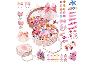 OUDIZZ Girls Jewelry Set with Hair Accessories: Clips, Barrettes, Ties, Bows, and Round Jewelry Box - Christmas Gift for Ages 4-10