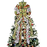 Christmas Tree Topper Wreath Bow Large Green Christmas Bow Tree Topper, Red Green Dot Polyester Gift Bows for Xmas Ornament Holiday Home Thanksgiving Indoor/Outdoor Decoration 45"x13"