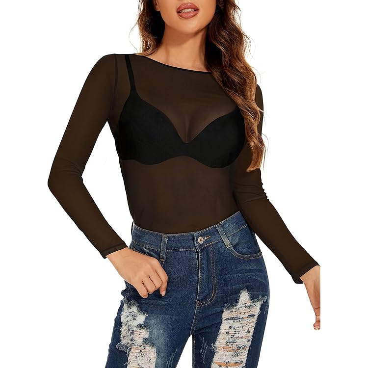 C4N Womens Mesh Sheer Top for Long Sleeve See Through Crop Top