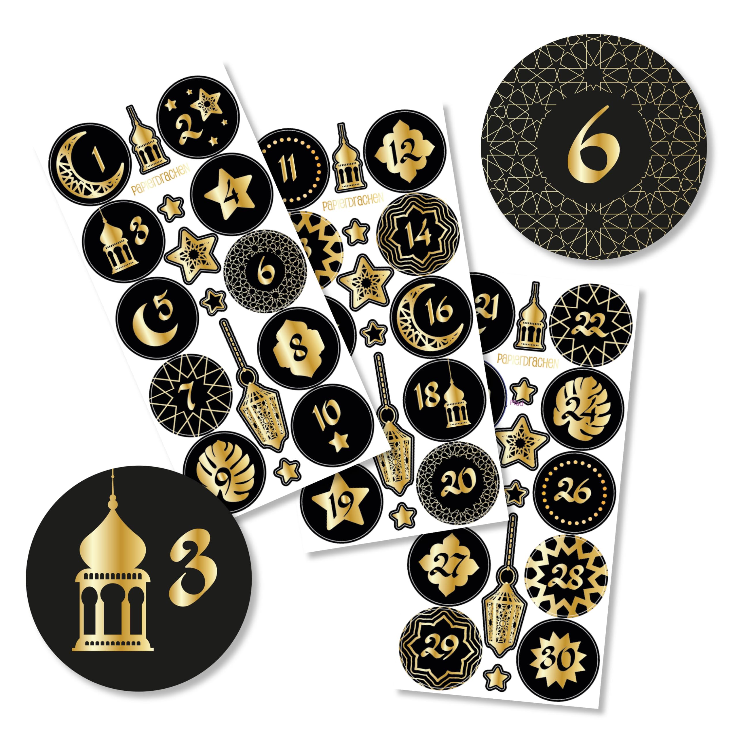 Papierdrachen 30 Number Stickers for Ramadan – Black – Gold Foiled – Sticker Diameter of Approx. 4 cm – for Crafts and Decorating Your Personal Ramadan Calendar – Eid Mubarak – Set 1