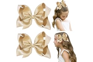 DEEKA 2 PCS 6" Big Hand-made Shiny Glitter Ribbon Hair Bows Alligator Clips Hair Accessories for Little Teen Toddler Girls Kids Set of 2 -Light Gold