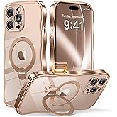 GVIEWIN for iPhone 16 Pro Max Case with 360° Magnetic Stand, [Compatible with MagSafe][Full Camera Protection][Non-Yellowing] Cute Slim Electroplated Wave Shockproof Phone Case 6.9", Clear/Rose Gold