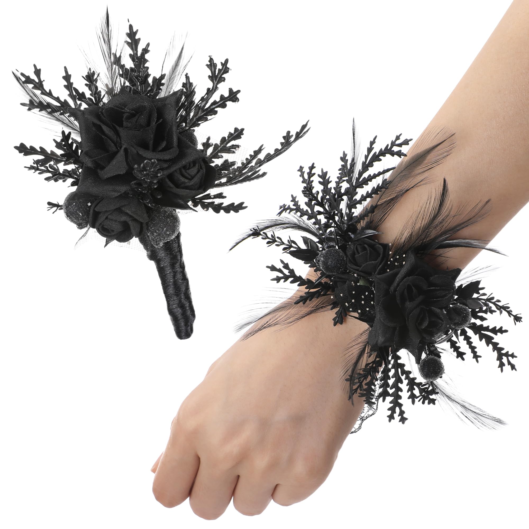 Photo 1 of PartyforU Black Gothic Wedding Corsage Boutonniere - Dark Rose Boutonniere Wrist Corsages Set for Men Groom Bride Dinner Party Anniversary Ceremony