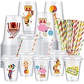 Boao 36 Sets Circus Carnival Cups with Lids and Paper Straws 14 oz Circus Carnival Birthday Party Supplies Favors Disposable Clear Plastic Cups Bulk