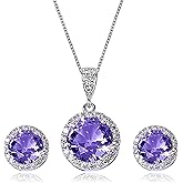 AMYJANE Halo Crystal Jewelry Set - Sterling Silver Round Cubic Zirconia Crystal Bridal Pendant Necklace Earrings Set for Wedding Bride Bridesmaids