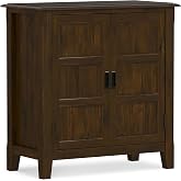 SIMPLIHOME Burlington 30" Wide Solid Wood Cabinet in Mahogany Brown | Transitional 2-door low accent cabinet with adjustable shelves for organized living room or entryway storage.